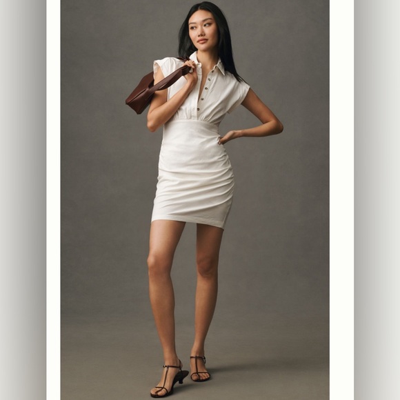 Anthropologie Cap Sleeve Collared Linen Rouched Mini Dress Medium. Summer dress - Picture 6 of 15